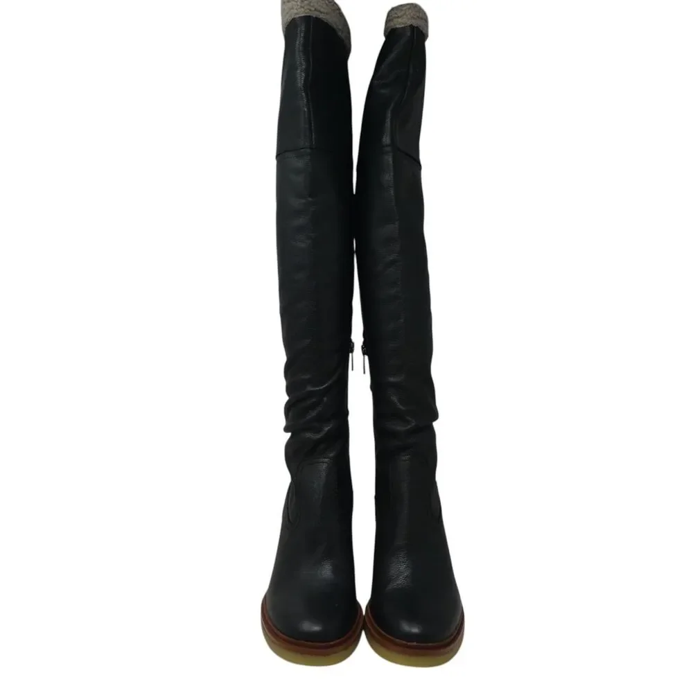 Vince Camuto Gambrel Black Leather‎ Over The Knee Stacked Heel Boots Womens 8